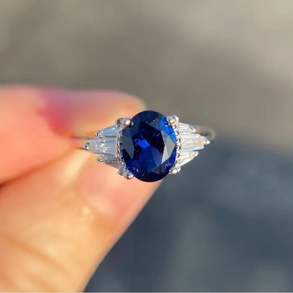 NEW Solid Sterling Silver Lab Blue Sapphire Ring - Picture 2 of 6